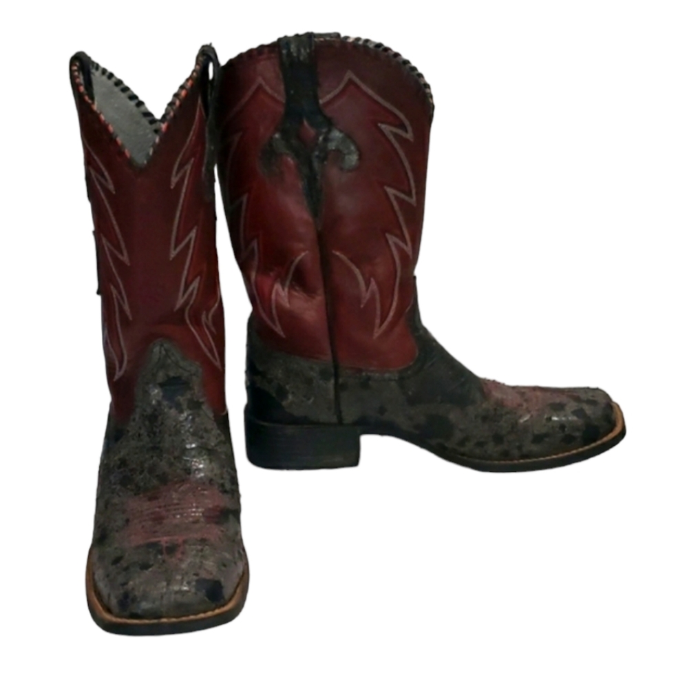 Ariat 10B burgundy and distress black leather square toe mens cowboy boo…